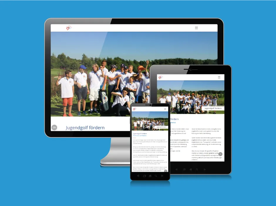 Screenshot der von GKMB entwickelten Website des Fördervereins Hösel unter dem Motto "Jugendarbeit und die Förderung des Golfsports gemeinnützig zu fördern".