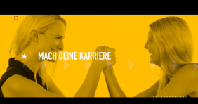 Vorschaubild eines Recruiting-Videos zur Lehrstellenkampagne mit zwei sich gegenüberstehenden Personen und dem Schriftzug ‚Mach deine Karriere‘