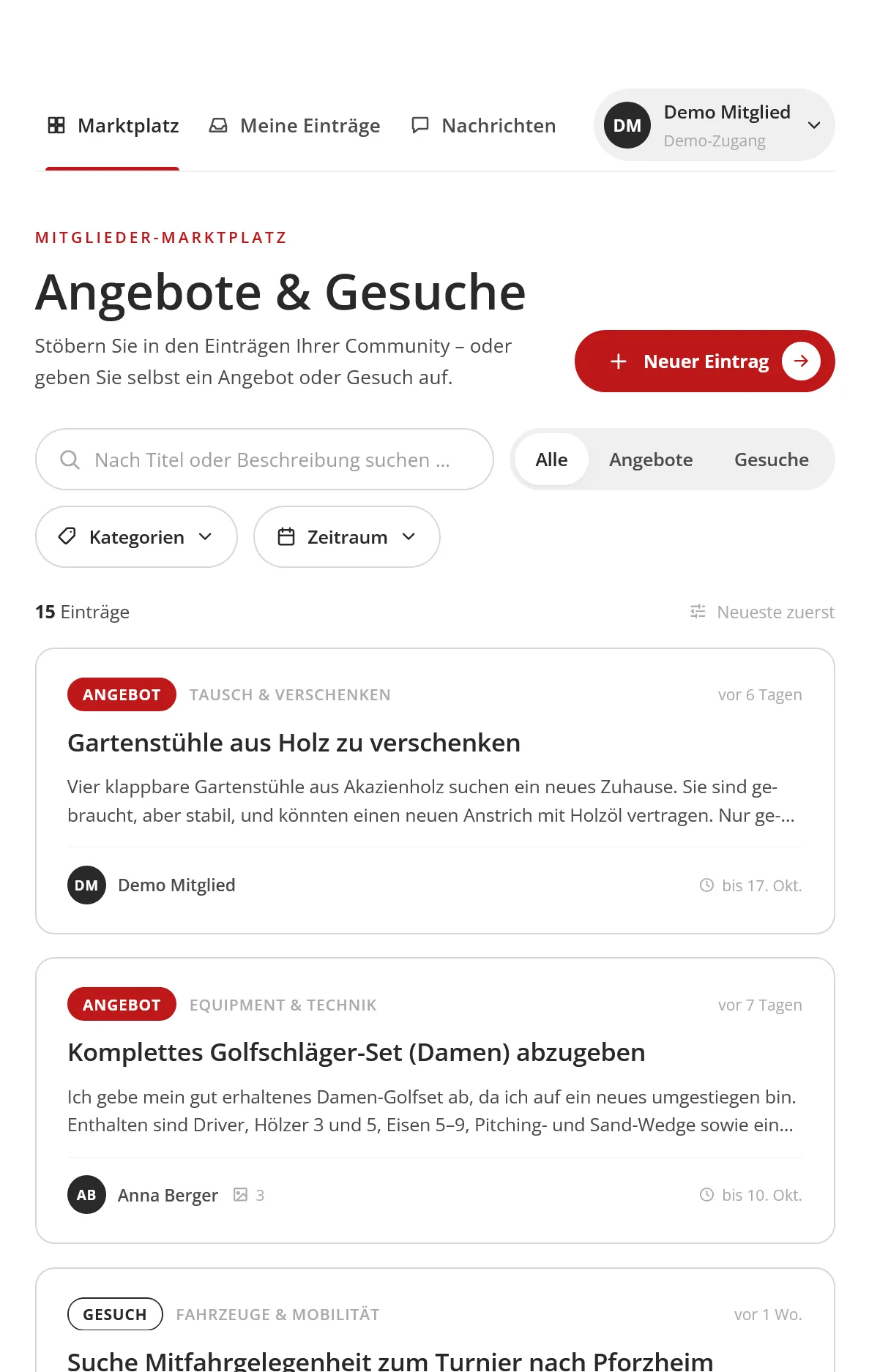 Mitglieder-Marktplatz mit Such- und Filtermöglichkeiten sowie Angeboten für Gartenstühle und ein Damen-Golfschläger-Set.