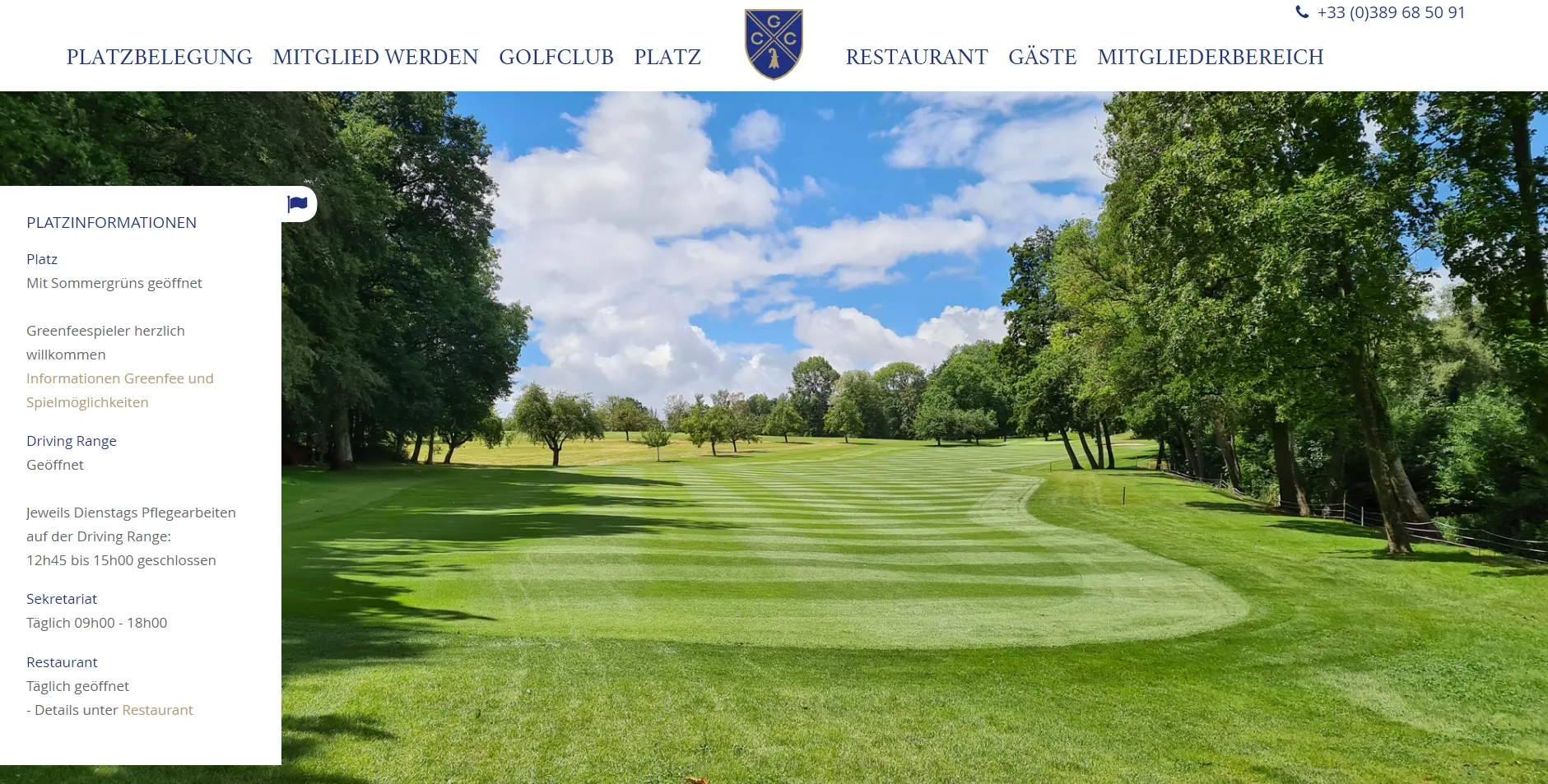Screenshot der von GKMB realisierten Website des Golf & Country Club Basel mit einem Info-Einklinker und einem Tab.