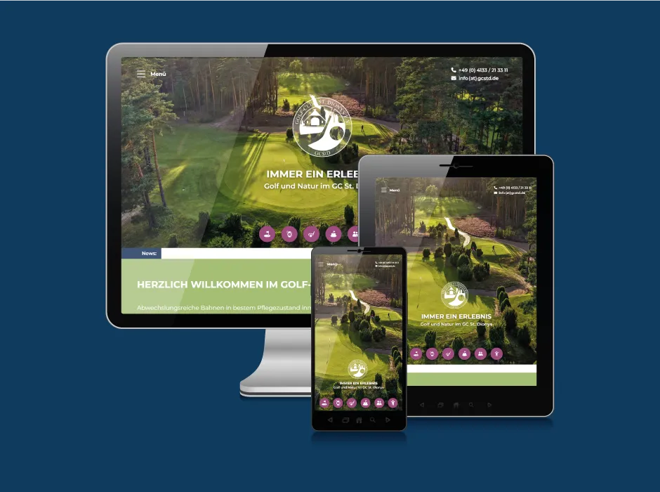 Startseite der von GKMB gestalteten Website des Golf-Clubs St. Dionys mit großformatiger Bildwelt.
