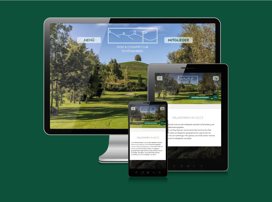 Von GKMB umgesetzte Website des Golf & Country Club Schönenberg mit übersichtlicher Startseite.